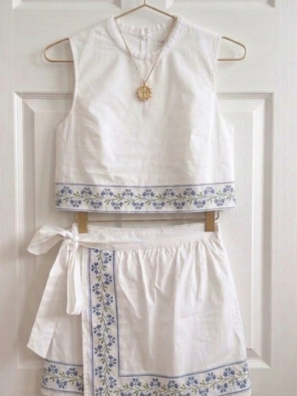 White Embroidered Two-Piece Skirt Set with Blue Floral Trim